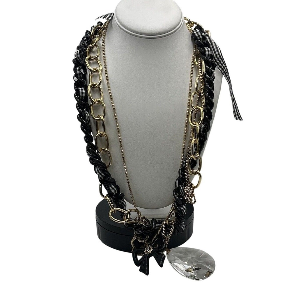 Betsey Johnson Heavy Multistrand Necklace Gold Tone Black White Ribbon Bow Charm